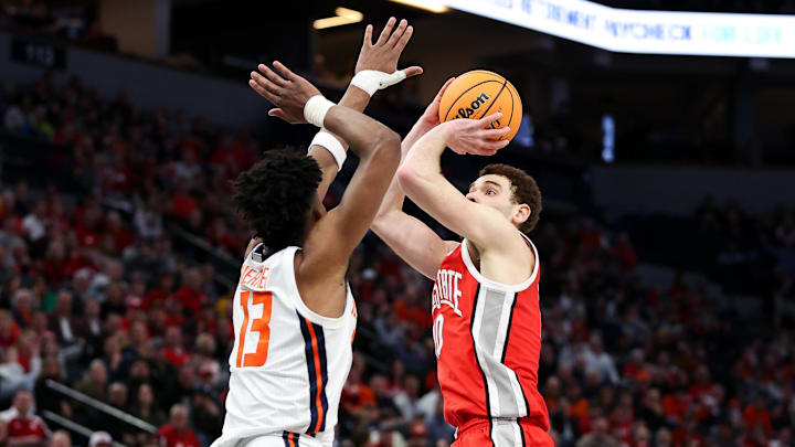 Mar 15, 2024; Minneapolis, MN, USA; Ohio State Buckeyes forward Jamison Battle (10) shoots as