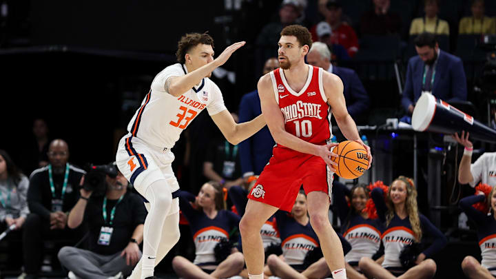 Mar 15, 2024; Minneapolis, MN, USA; Ohio State Buckeyes forward Jamison Battle (10) controls the