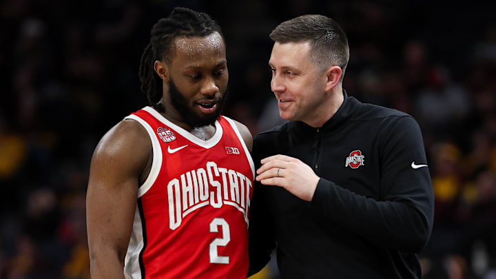 Mar 14, 2024; Minneapolis, MN, USA; Ohio State Buckeyes interim head coach Jake Diebler talks to