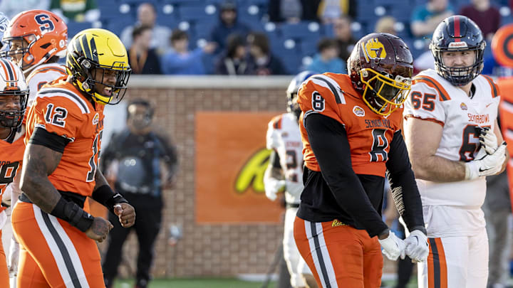 Feb 4, 2023; Mobile, AL, USA; National linebacker DJ Johnson of Oregon (12) and defensive lineman