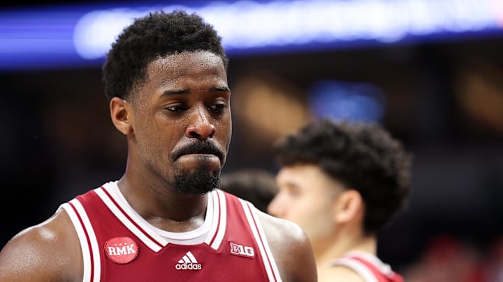 Mar 15, 2024; Minneapolis, MN, USA; Indiana Hoosiers guard Xavier Johnson (0) reacts after coming out of the game against the Nebraska Cornhuskers during the second half at Target Center. Mandatory Credit: Matt Krohn-Imagn Images