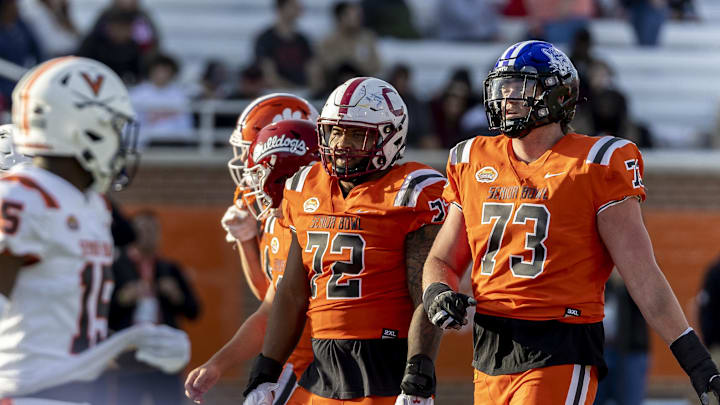 Feb 4, 2023; Mobile, AL, USA;  National offensive lineman Joey Fisher of Shepherd (72) and offensive