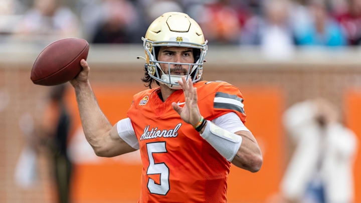 Feb 3, 2024; Mobile, AL, USA; National quarterback Sam Hartman of Notre Dame (5) throws the ball