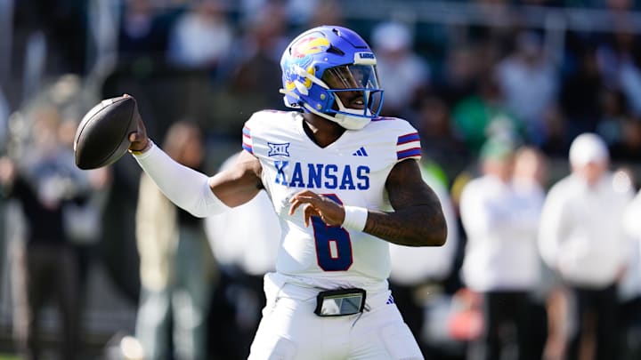 Nov 30, 2024; Waco, Texas, USA;  Kansas Jayhawks quarterback Jalon Daniels (6) drops back to pass against the Baylor Bears during the second half at McLane Stadium. Mandatory Credit: Chris Jones-Imagn Images
