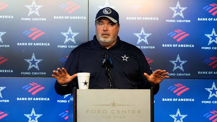 Jun 5, 2024; Frisco, TX, USA;  Dallas Cowboys head coach Mike McCarthy addresses the media before practice at the Ford Center at the Star Training Facility in Frisco, Texas. Mandatory Credit: Chris Jones-USA TODAY Sports