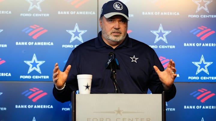Jun 5, 2024; Frisco, TX, USA;  Dallas Cowboys head coach Mike McCarthy addresses the media before practice at the Ford Center at the Star Training Facility in Frisco, Texas. Mandatory Credit: Chris Jones-USA TODAY Sports