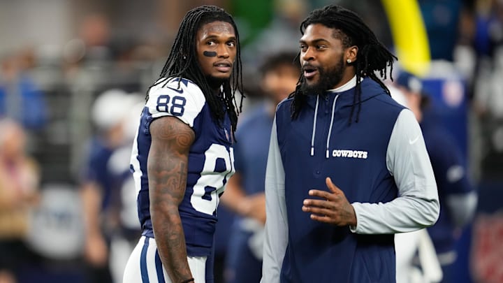 Nov 28, 2024; Arlington, Texas, USA;  Dallas Cowboys wide receiver CeeDee Lamb (88) and cornerback Trevon Diggs (7) during pregame warmups before the game against the New York Giants at AT&T Stadium. Mandatory Credit: Chris Jones-Imagn Images