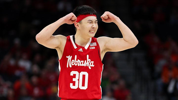 Mar 16, 2024; Minneapolis, MN, USA; Nebraska Cornhuskers guard Keisei Tominaga (30) reacts during