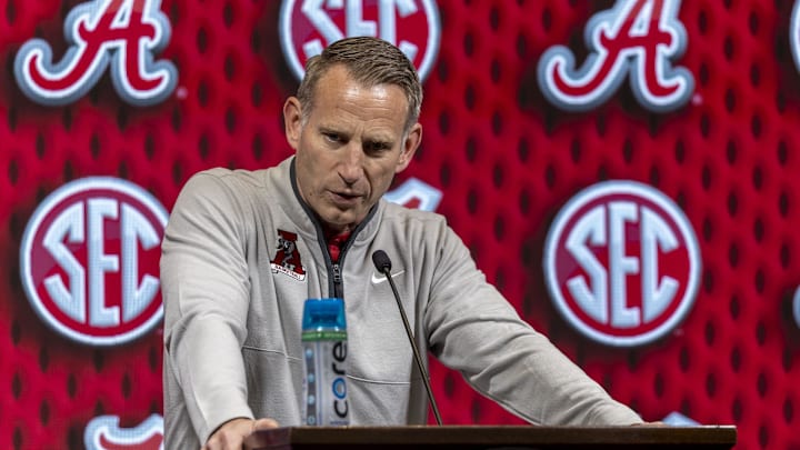 Oct 15, 2024; Birmingham, AL, USA; Alabama Crimson Tide head coach Nate Oats talks with the media during SEC Media Days at Grand Bohemian Hotel. Mandatory Credit: Vasha Hunt-Imagn Images