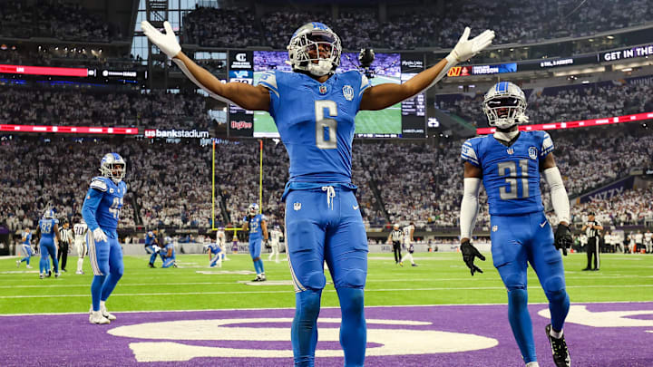 Dec 24, 2023; Minneapolis, Minnesota, USA; Detroit Lions safety Ifeatu Melifonwu (6) celebrates after he intercepted a pass against the Minnesota Vikings during the fourth quarter at U.S. Bank Stadium. Mandatory Credit: Matt Krohn-Imagn Images