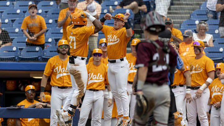 May 23, 2024; Hoover, AL, USA; Tennessee Volunteers outfielder Kavares Tears (21) celebrates his three-run home run with teammates during a game against the Texas A&M Aggies at the SEC Baseball Tournament at Hoover Metropolitan Stadium. Mandatory Credit: Vasha Hunt-USA TODAY Sports