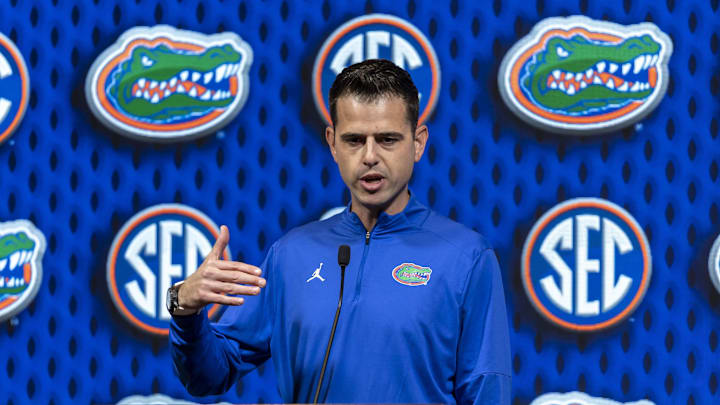 Oct 15, 2024; Birmingham, AL, USA; Florida Gators head coach Todd Golden talks with the media during SEC Media Days at Grand Bohemian Hotel. Mandatory Credit: Vasha Hunt-Imagn Images