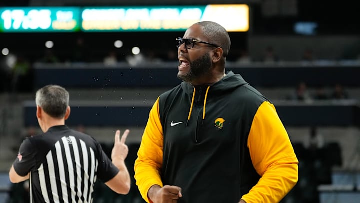 Dec 11, 2024; Waco, Texas, USA;  Norfolk State Spartans head coach Robert Jones reacts against the Baylor Bears during the first half at Paul and Alejandra Foster Pavilion. Mandatory Credit: Chris Jones-Imagn Images