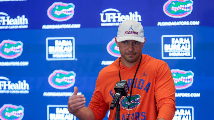 Florida head coach Jon Sumrall speaks after spring practice at Sanders Practice Fields in Gainesville, FL on Tuesday, March 31, 2026. [Alan Youngblood/Gainesville Sun]