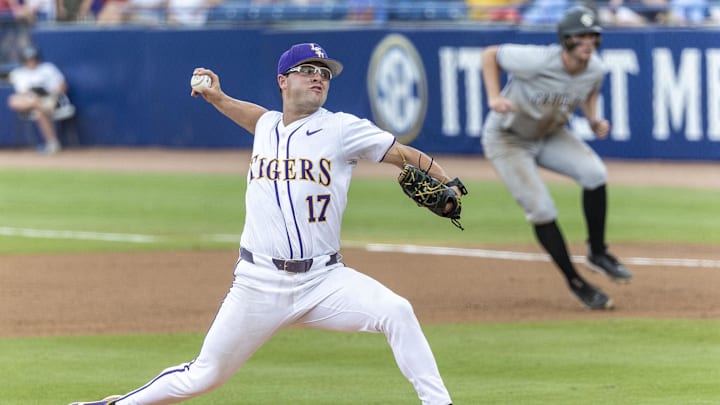 May 25, 2024; Hoover, AL, USA; LSU Tigers pitcher Samuel Dutton (17) pitches against the South Carolina Gamecocks during the SEC Baseball Tournament at Hoover Metropolitan Stadium. Mandatory Credit: Vasha Hunt-Imagn Images