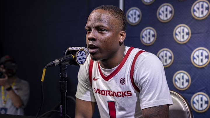 Oct 15, 2024; Birmingham, AL, USA; Arkansas Razorbacks guard Johnell Davis talks with the media during SEC Media Days at Grand Bohemian Hotel. Mandatory Credit: Vasha Hunt-Imagn Images