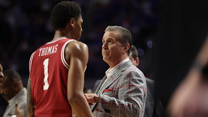 Arkansas head coach John Calipari reacts during the first half of an NCAA basketball game at Steven C. O'Connell Center Exactek arena in Gainesville, FL on Saturday, February 28, 2026. [Alan Youngblood/Gainesville Sun]