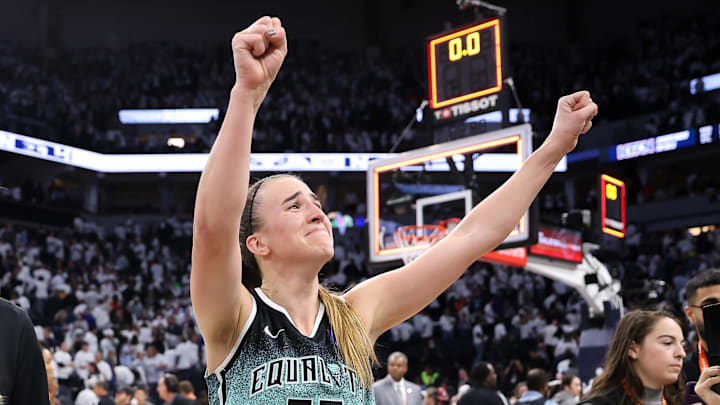 Oct 16, 2024; Minneapolis, Minnesota, USA; New York Liberty guard Sabrina Ionescu (20) celebrates her teams win after game three of the 2024 NBA Finals against the Minnesota Lynx at Target Center. Mandatory Credit: Matt Krohn-Imagn Images