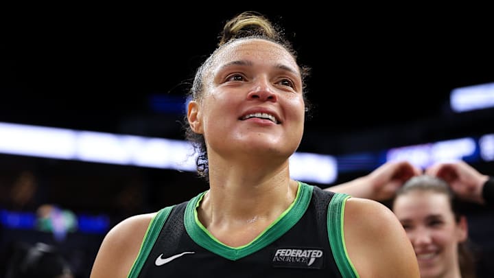 Oct 8, 2024; Minneapolis, Minnesota, USA; Kayla McBride (21) looks on at Target Center. Mandatory Credit: Matt Krohn-Imagn Images