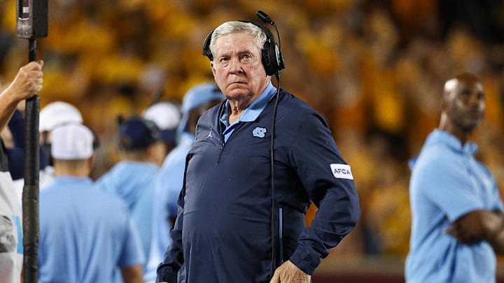 Aug 29, 2024; Minneapolis, Minnesota, USA; North Carolina Tar Heels head coach Mack Brown looks on during the first half against the Minnesota Golden Gophers at Huntington Bank Stadium. Mandatory Credit: Matt Krohn-USA TODAY Sports
