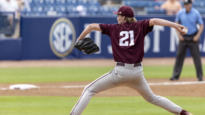 May 23, 2024; Hoover, AL, USA; Texas A&M Aggies pitcher Weston Moss (21) pitches against the Tennessee Volunteers during the SEC Baseball Tournament at Hoover Metropolitan Stadium. Mandatory Credit: Vasha Hunt-USA TODAY Sports