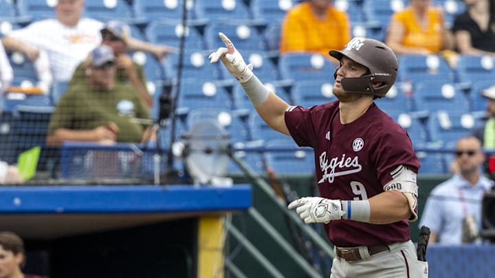 May 23, 2024; Hoover, AL, USA; Texas A&M Aggies utility Gavin Grahovac (9) jogs the bases on a solo home run in the ninth inning against the Tennessee Volunteers during the SEC Baseball Tournament at Hoover Metropolitan Stadium. Mandatory Credit: Vasha Hunt-USA TODAY Sports