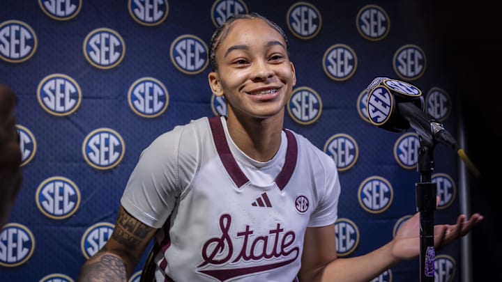 Oct 16, 2024; Birmingham, AL, USA; Mississippi State Bulldogs guard Jerkaila Jordan talks with the media during SEC Media Days at Grand Bohemian Hotel. Mandatory Credit: Vasha Hunt-Imagn Images