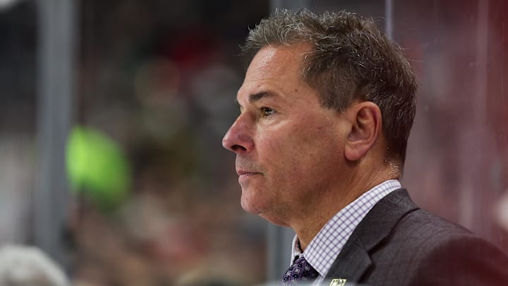 Mar 30, 2024; Saint Paul, Minnesota, USA; Vegas Golden Knights head coach Bruce Cassidy looks on during the second period against the Minnesota Wild at Xcel Energy Center. Mandatory Credit: Matt Krohn-Imagn Images