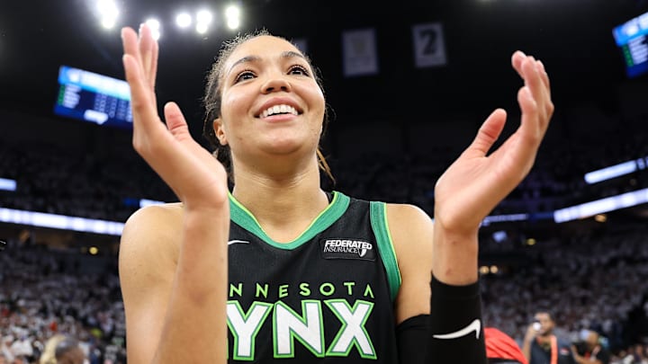 Oct 18, 2024; Minneapolis, Minnesota, USA; Minnesota Lynx forward Napheesa Collier (24) celebrates her teams win after game four of the 2024 WNBA Finals against the New York Liberty at Target Center. Mandatory Credit: Matt Krohn-Imagn Images