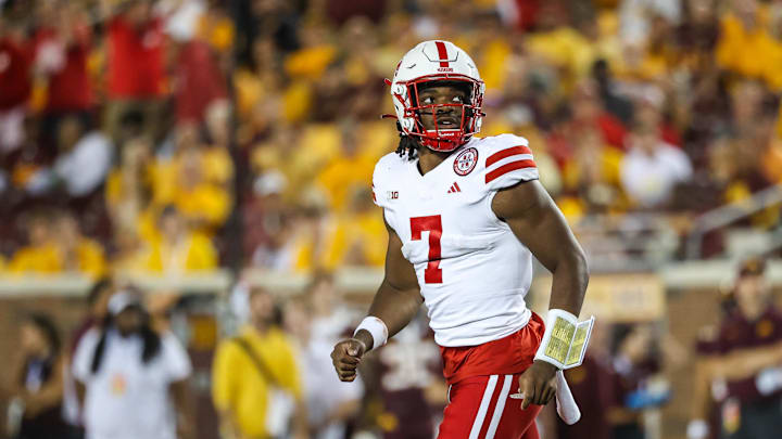 Aug 31, 2023; Minneapolis, Minnesota, USA; Nebraska Cornhuskers quarterback Jeff Sims (7) looks on