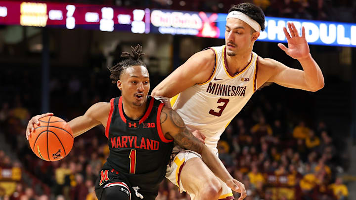 Jan 7, 2024; Minneapolis, Minnesota, USA; Maryland Terrapins guard Jahmir Young (1) works towards the rim. 