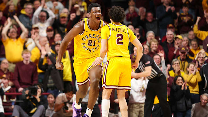 Feb 3, 2024; Minneapolis, Minnesota, USA; Minnesota Golden Gophers forward Pharrel Payne (21) celebrates a basket. 