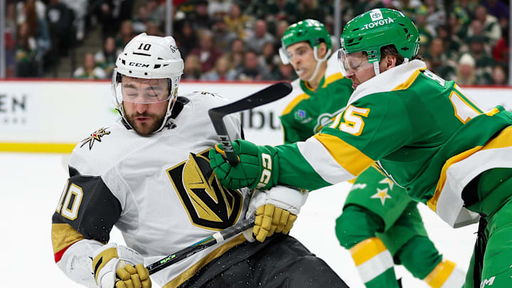 Mar 30, 2024; Saint Paul, Minnesota, USA; Minnesota Wild center Mason Shaw (15) checks Vegas Golden