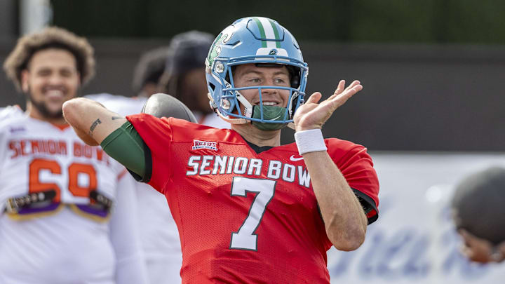 Feb 1, 2024; Mobile, AL, USA; American quarterback Michael Pratt of Tulane (7) throws the ball in preparation for the 2024 Senior Bowl.
