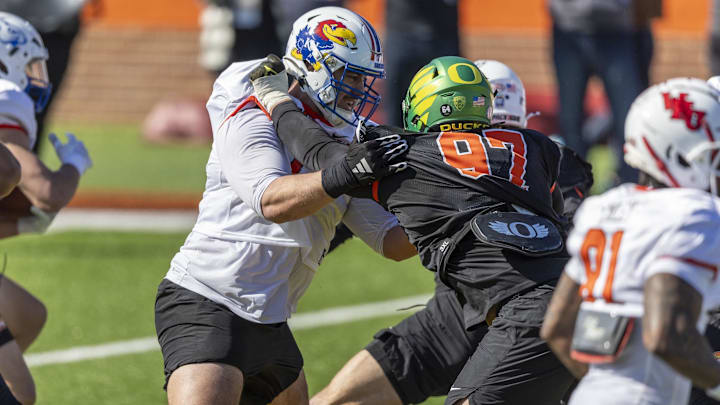 Jan 30, 2024; Mobile, AL, USA; National offensive lineman Dominick Puni of Kansas (71) battles