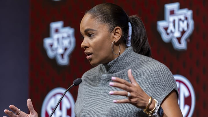Oct 16, 2024; Birmingham, AL, USA; Texas A&M Aggies head coach Joni Taylor talks with the media during SEC Media Days at Grand Bohemian Hotel. Mandatory Credit: Vasha Hunt-Imagn Images