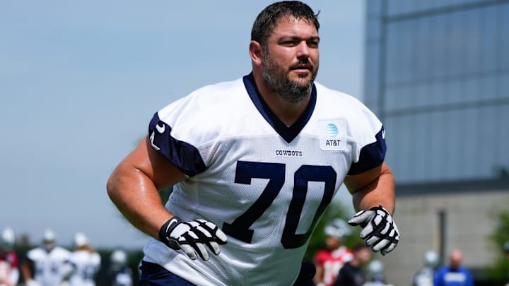 Jun 5, 2024; Frisco, TX, USA;  Dallas Cowboys tackle Zack Martin (70) warms up during practice at the Ford Center at the Star Training Facility in Frisco, Texas. Mandatory Credit: Chris Jones-Imagn Images