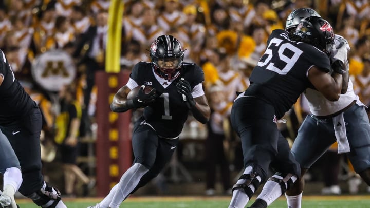 Sep 9, 2023; Minneapolis, Minnesota, USA; Minnesota Golden Gophers running back Darius Taylor (1) runs the ball against the Eastern Michigan Eagles during the third quarter at Huntington Bank Stadium. Mandatory Credit: Matt Krohn-USA TODAY Sports