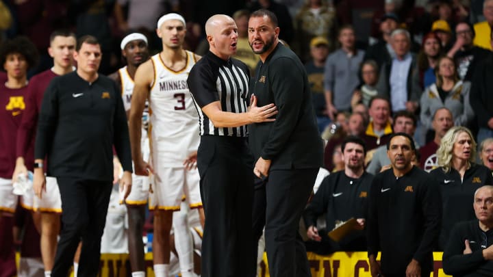 Dec 6, 2023; Minneapolis, Minnesota, USA; Minnesota Golden Gophers head coach Ben Johnson reacts to a call during the second half against the Minnesota Golden Gophers at Williams Arena. Mandatory Credit: Matt Krohn-USA TODAY Sports Dec 6, 2023; Minneapolis, Minnesota, USA; Minnesota Golden Gophers head coach Ben Johnson reacts to a call during the second half against the Minnesota Golden Gophers at Williams Arena. Mandatory Credit: Matt Krohn-USA TODAY Sports