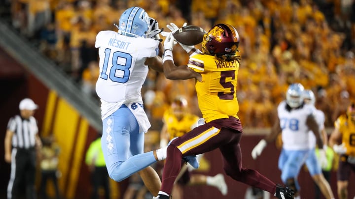 Minnesota defensive back Justin Walley (5) intercepts a pass intended for North Carolina tight end Bryson Nesbit (18) during the first half at Huntington Bank Stadium in Minneapolis on Aug. 29, 2024. Minnesota defensive back Justin Walley (5) intercepts a pass intended for North Carolina tight end Bryson Nesbit (18) during the first half at Huntington Bank Stadium in Minneapolis on Aug. 29, 2024.