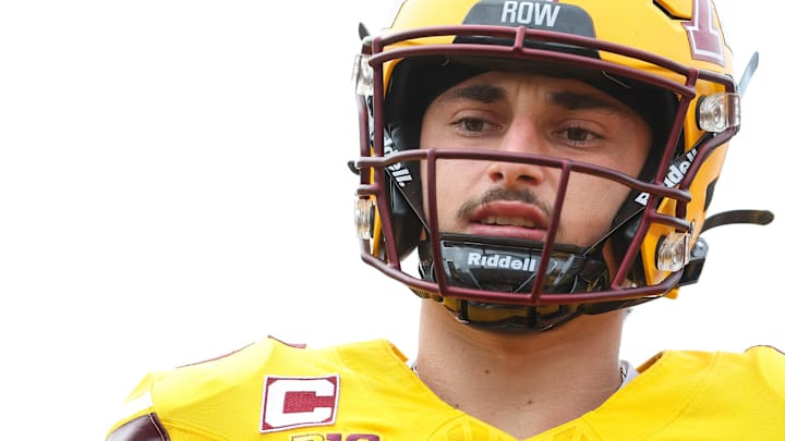 Sep 14, 2024; Minneapolis, Minnesota, USA; Minnesota Golden Gophers quarterback Max Brosmer (16) warms up before the game against the Nevada Wolf Pack at Huntington Bank Stadium. Mandatory Credit: Matt Krohn-Imagn Images