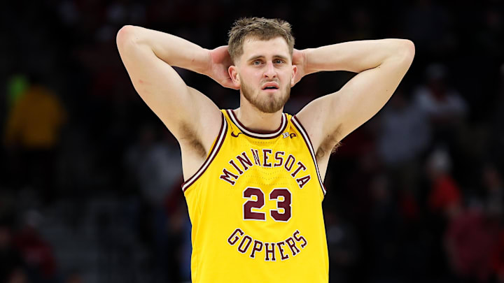 Mar 14, 2024; Minneapolis, MN, USA; Minnesota Golden Gophers forward Parker Fox (23) reacts to the teams loss after the game against the Michigan State Spartans at Target Center. Mandatory Credit: Matt Krohn-Imagn Images