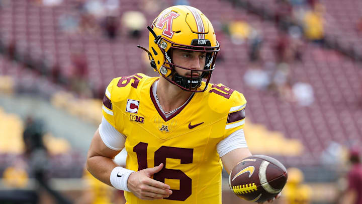 Sep 14, 2024; Minneapolis, Minnesota, USA; Minnesota Golden Gophers quarterback Max Brosmer (16) warms up before the game against the Nevada Wolf Pack at Huntington Bank Stadium. Mandatory Credit: Matt Krohn-Imagn Images