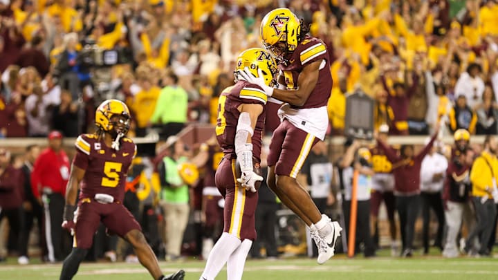 Oct 5, 2024; Minneapolis, Minnesota, USA; Minnesota Golden Gophers defensive back Koi Perich (3) celebrates his interception during the second half against the USC Trojans at Huntington Bank Stadium. Mandatory Credit: Matt Krohn-Imagn Images