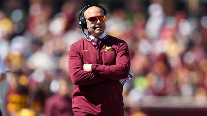 Sep 7, 2024; Minneapolis, Minnesota, USA; Minnesota Golden Gophers head coach P.J. Fleck looks on during the first half against the Rhode Island Rams at Huntington Bank Stadium. Mandatory Credit: Matt Krohn-Imagn Images