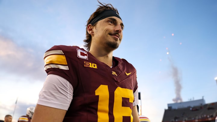 Oct 26, 2024; Minneapolis, Minnesota, USA; Minnesota Golden Gophers quarterback Max Brosmer (16) celebrates his teams win after the game against the Maryland Terrapins at Huntington Bank Stadium. Mandatory Credit: Matt Krohn-Imagn Images Oct 26, 2024; Minneapolis, Minnesota, USA; Minnesota Golden Gophers quarterback Max Brosmer (16) celebrates his teams win after the game against the Maryland Terrapins at Huntington Bank Stadium. Mandatory Credit: Matt Krohn-Imagn Images