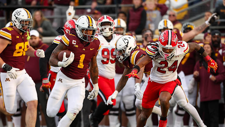 Oct 26, 2024; Minneapolis, Minnesota, USA; Minnesota Golden Gophers running back Darius Taylor (1) runs the ball against the Maryland Terrapins during the second half at Huntington Bank Stadium. Mandatory Credit: Matt Krohn-Imagn Images Oct 26, 2024; Minneapolis, Minnesota, USA; Minnesota Golden Gophers running back Darius Taylor (1) runs the ball against the Maryland Terrapins during the second half at Huntington Bank Stadium. Mandatory Credit: Matt Krohn-Imagn Images