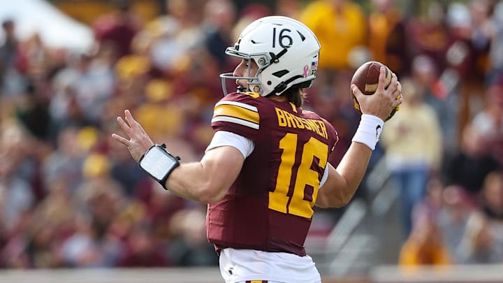 Oct 26, 2024; Minneapolis, Minnesota, USA; Minnesota Golden Gophers quarterback Max Brosmer (16) throws the ball against the Maryland Terrapins during the first half at Huntington Bank Stadium. Oct 26, 2024; Minneapolis, Minnesota, USA; Minnesota Golden Gophers quarterback Max Brosmer (16) throws the ball against the Maryland Terrapins during the first half at Huntington Bank Stadium.