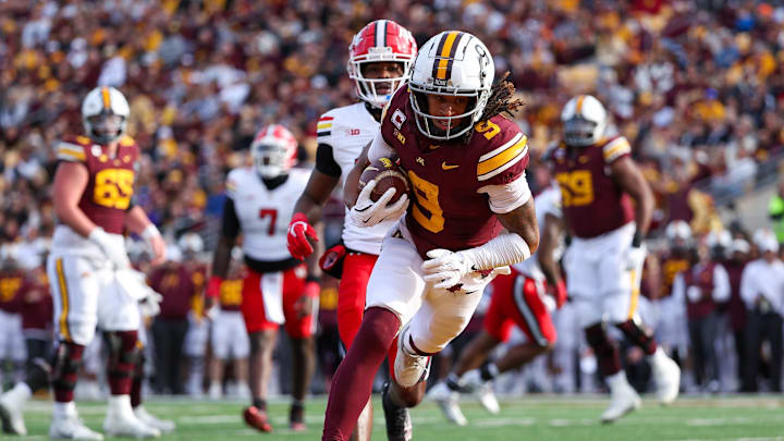 Oct 26, 2024; Minneapolis, Minnesota, USA; Minnesota Golden Gophers wide receiver Daniel Jackson (9) catches a touchdown pass against the Maryland Terrapins during the first half at Huntington Bank Stadium. Mandatory Credit: Matt Krohn-Imagn Images