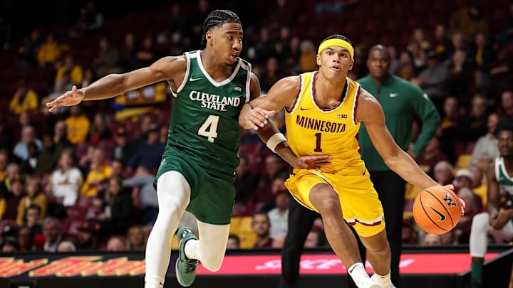Nov 19, 2024; Minneapolis, Minnesota, USA; Minnesota Golden Gophers guard Isaac Asuma (1) works around Cleveland State Vikings guard Je'Shawn Stevenson (4) during the first half at Williams Arena. Mandatory Credit: Matt Krohn-Imagn Images Nov 19, 2024; Minneapolis, Minnesota, USA; Minnesota Golden Gophers guard Isaac Asuma (1) works around Cleveland State Vikings guard Je'Shawn Stevenson (4) during the first half at Williams Arena. Mandatory Credit: Matt Krohn-Imagn Images